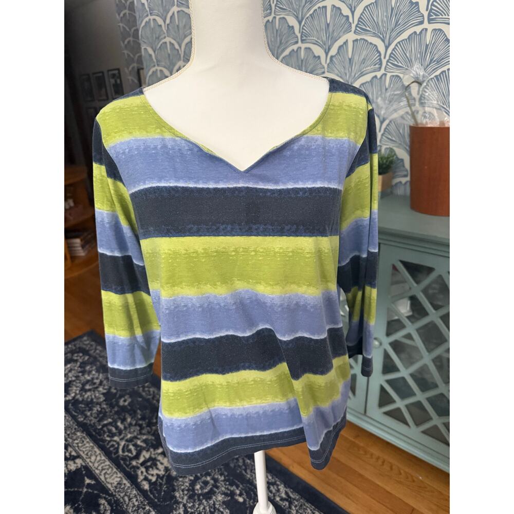 Hearts of Palm Stripped Long Sleeve Cool Tone Mini V-Neck Shirt